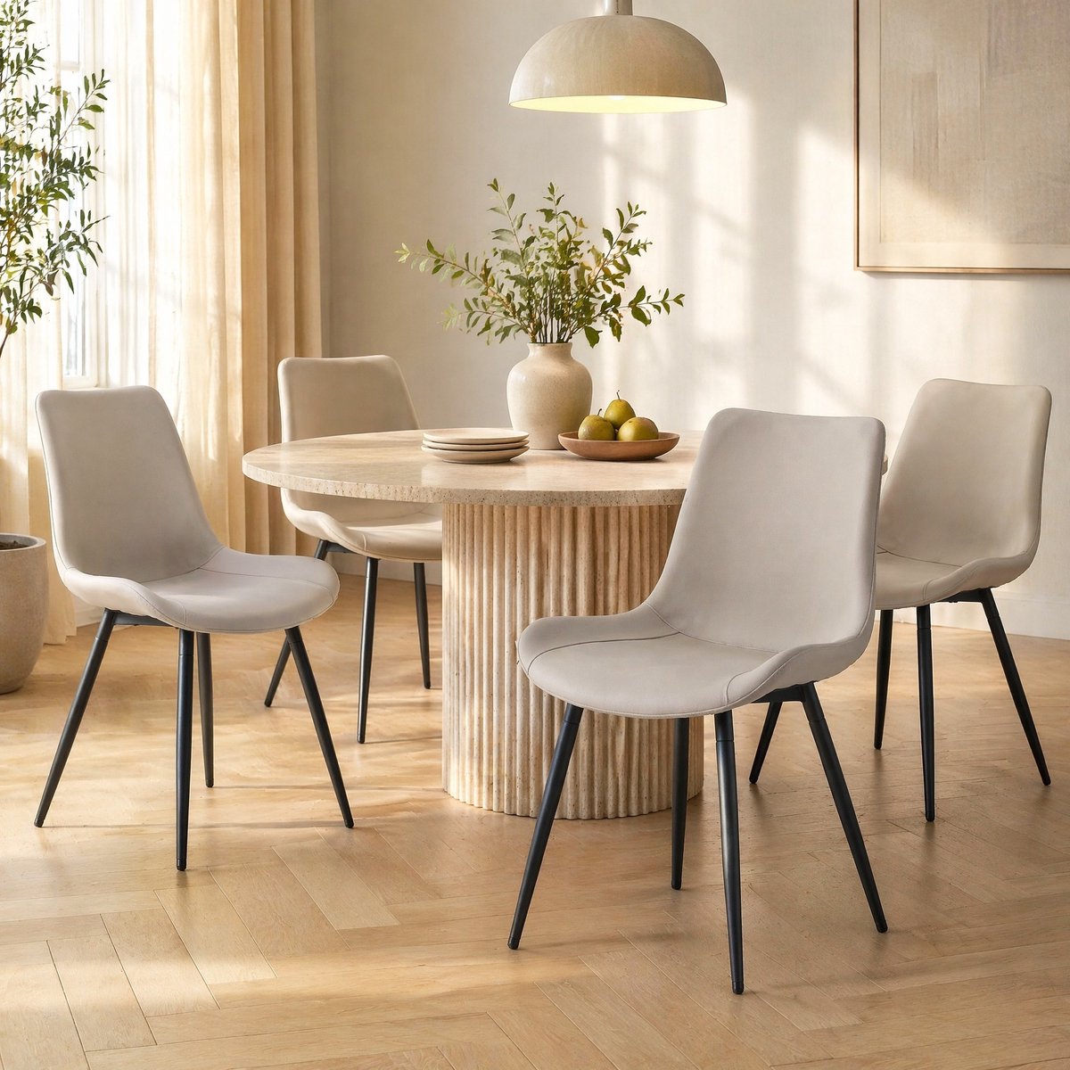 MEUNIQ eetkamerstoelen set van 4 van kunstleer met zwarte metalen poten, gewatteerde zitting en moderne uitstraling voor eetkamer of thuiswerkplek Grijs