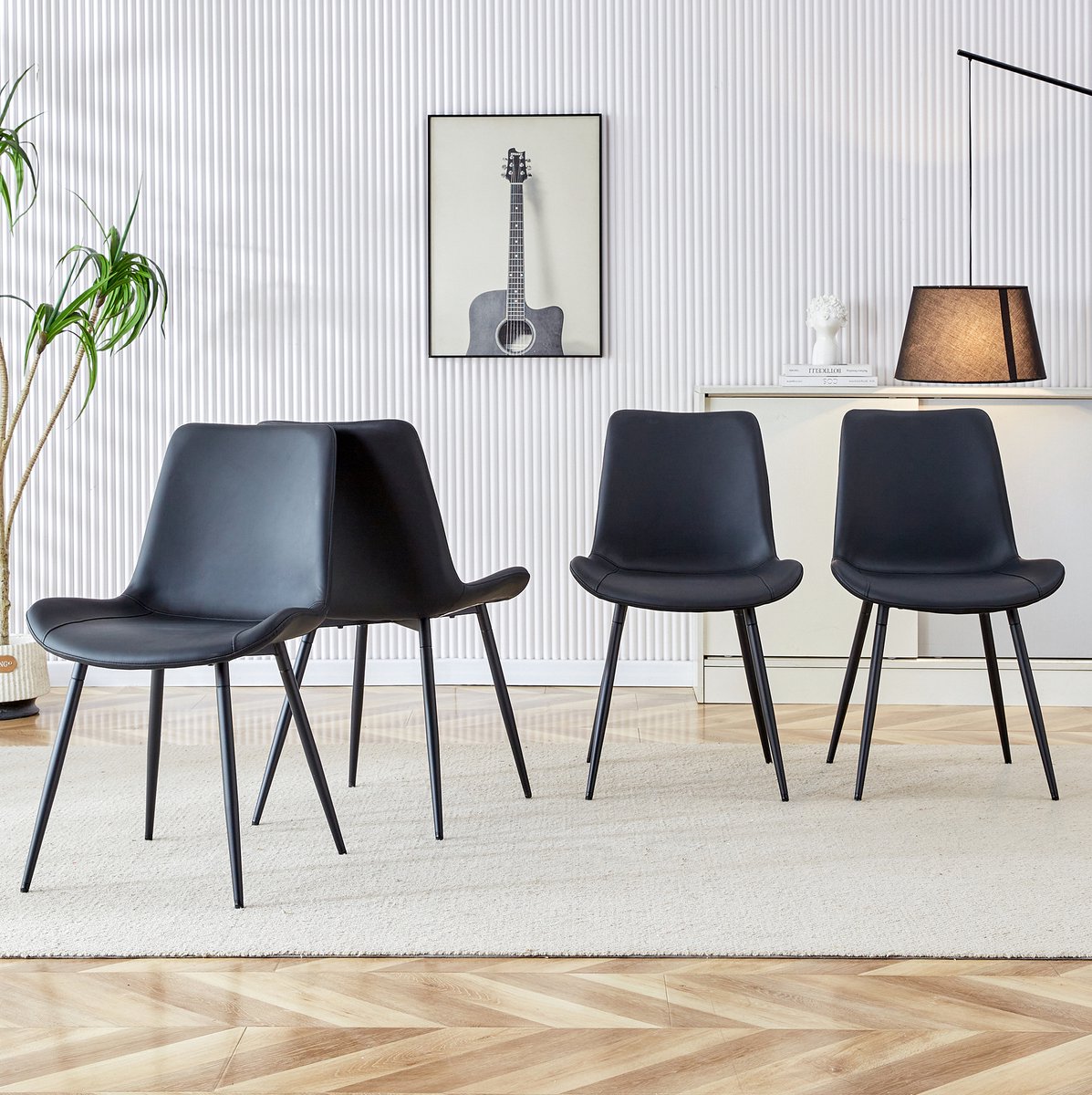 MEUNIQ set van 4 eetkamerstoelen zwart met PU-bekleding en metalen onderstel, moderne normale eetkamerstoelen zonder armleuningen voor eetkamer en thuiswerkplek
