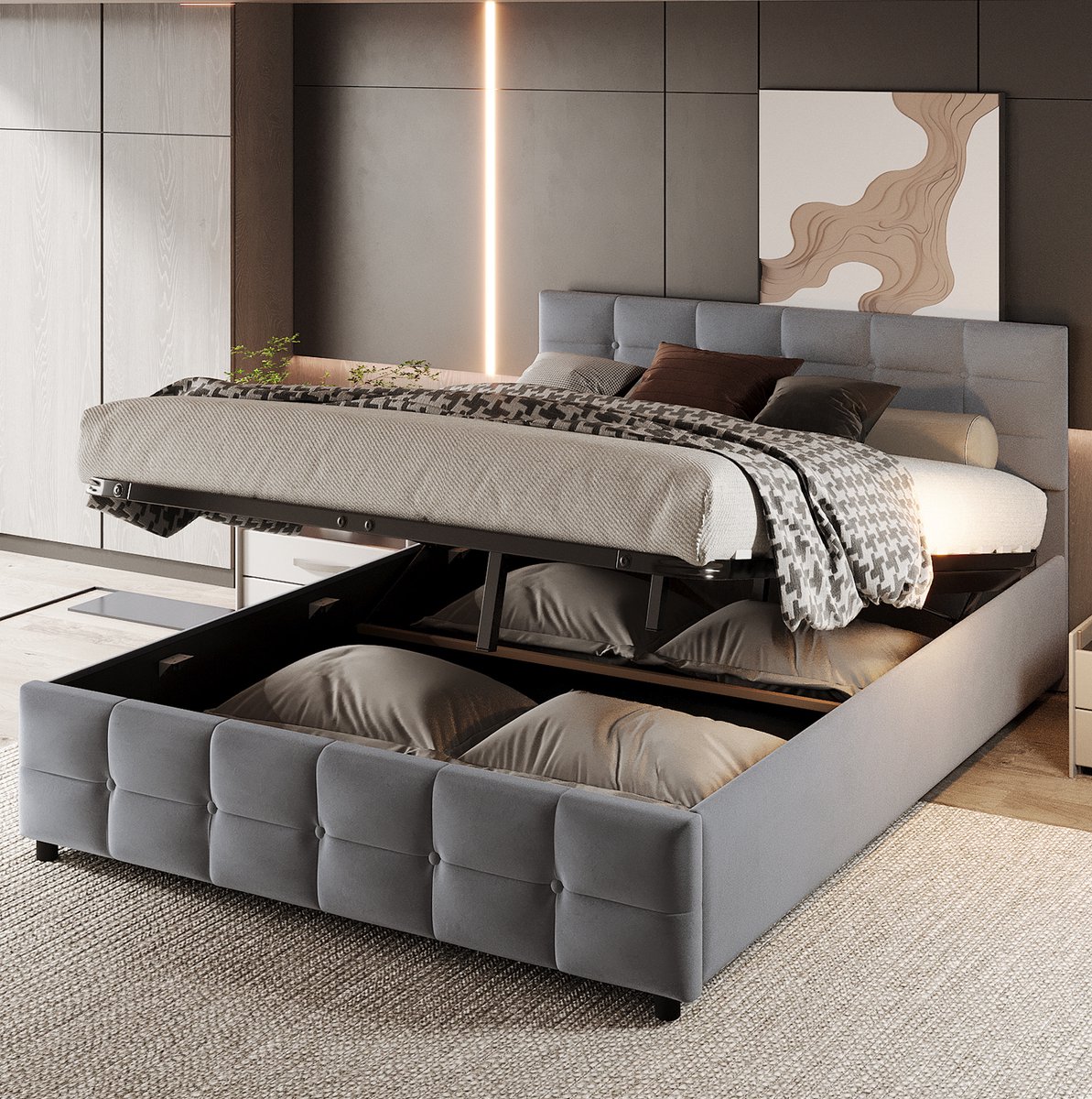 COVREO Bed 180x200 cm grijs stof met opbergruimte zonder matras