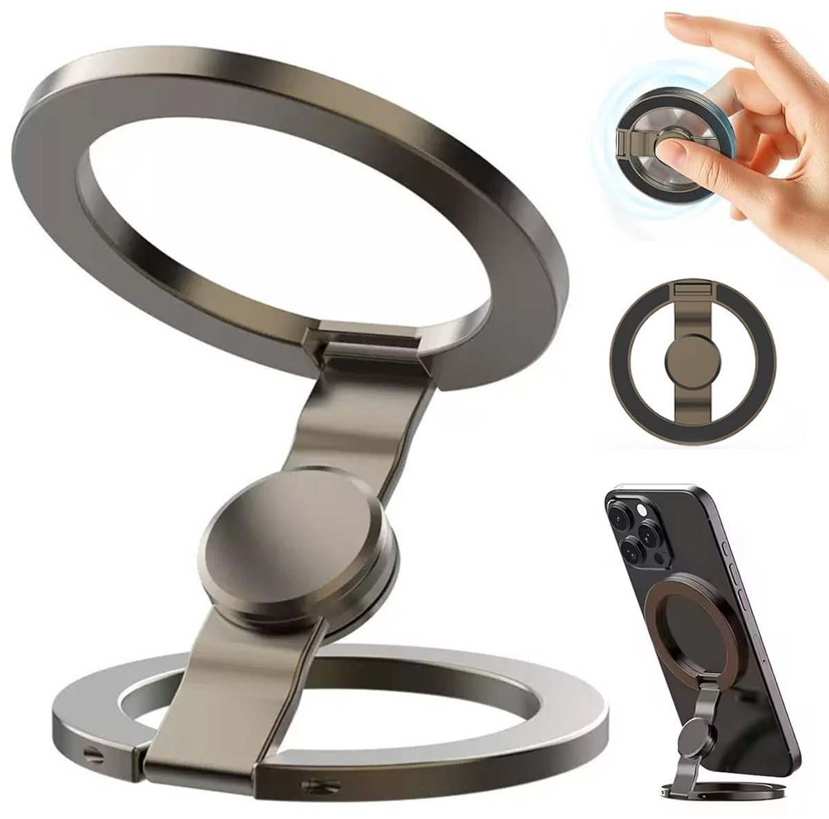 longziming -Magnetische telefoonhouder - Opvouwbare smartphone standaard - 360° draaibare ringhouder - Dubbele magneet bevestiging - Aluminium telefoonstandaard - Voor bureau auto reizen - grijs