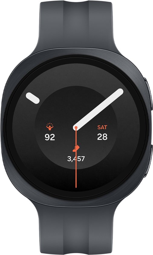 Gitzwarte Samsung Galaxy Watch 9 met een donkergrijs sportbandje. Het scherm toont de datum ZAT 28, 92 stappen en 3.457 stappen.