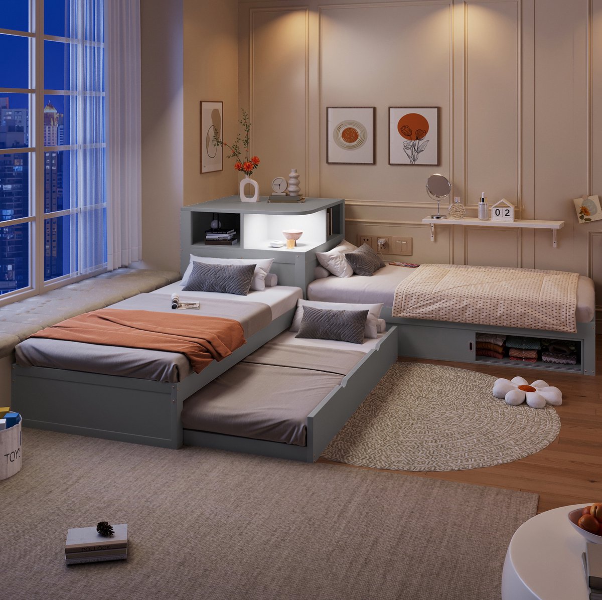 OKWISH Bed 90x200 cm - L-Vormig Eenpersoonsbed Met Uitschuifbed En Schuifdeur Opbergruimte - Met Nachtlicht - Zonder Matras - Grijs