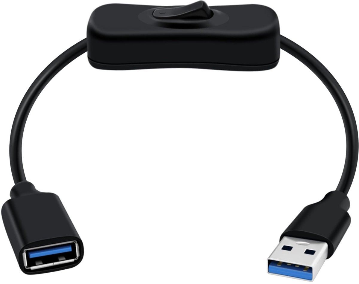 SnelShoppen - USB 3.0 Kabel met Schakelaar voor PC, Laptop, USB Fan, LED - 1FT/0.3m, 5Gbps Gegevensoverdracht en Voedingsondersteuning, Zwart