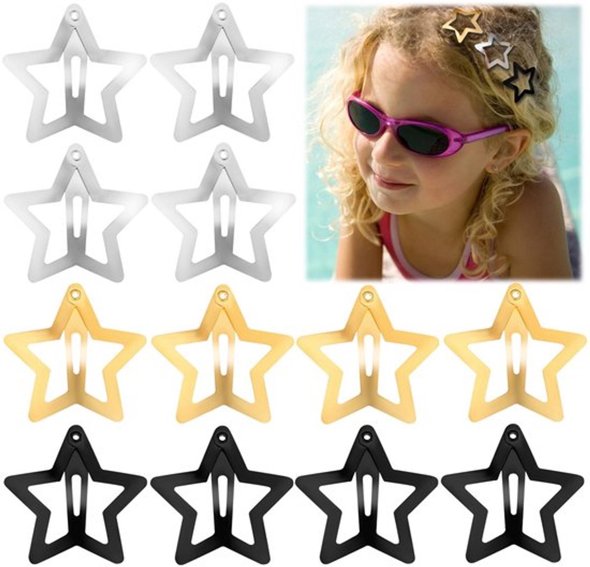 Snap Haar Clips - Sterren Haaraccessoires - 12 Stuks - Zilver/Goud/Zwart - Geschikt voor Kinderen en Vrouwen - Non-Slip