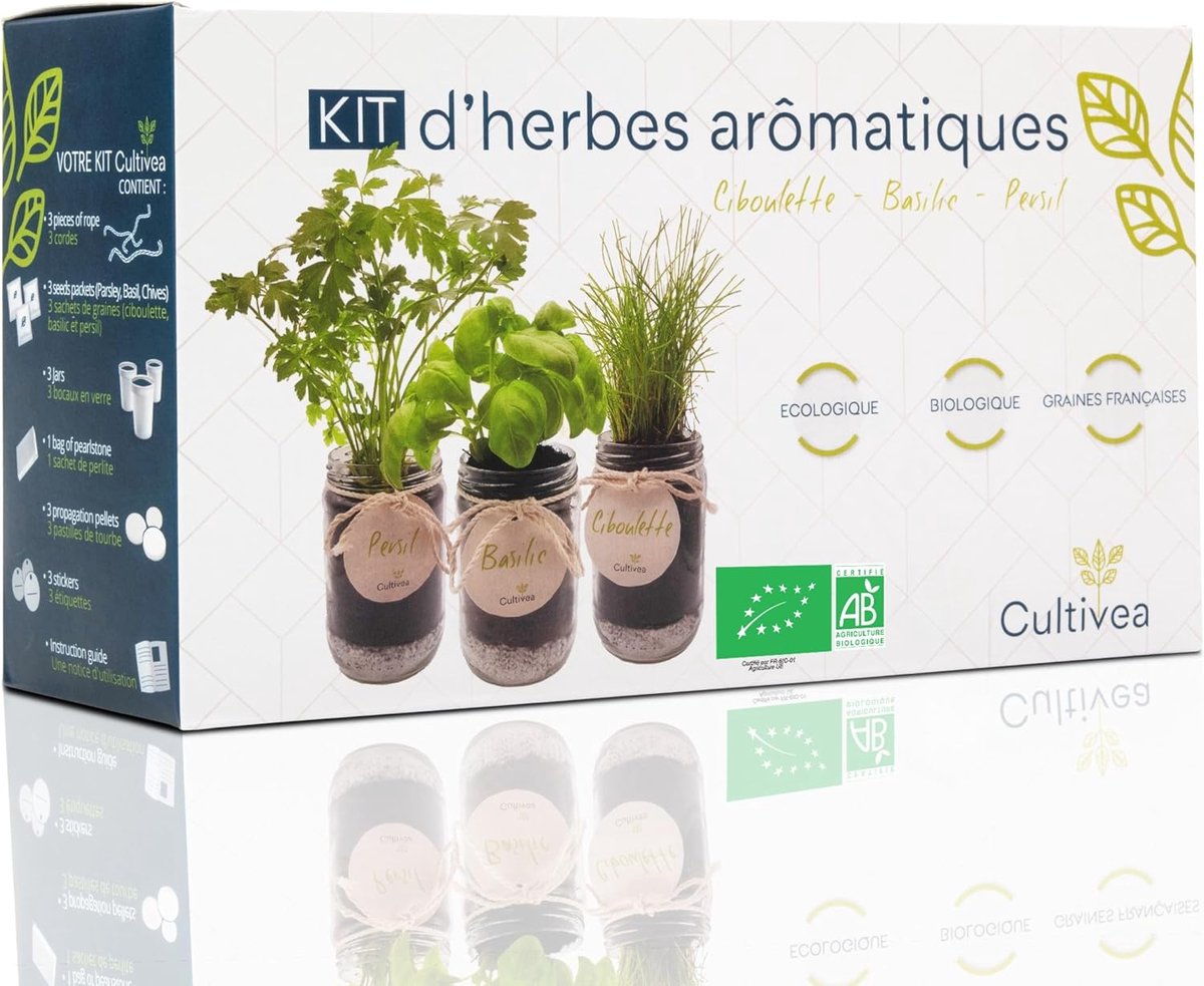 SnelShoppen - Aromatisch Kruiden Kweekset - Franse Zaden 100% Ecologisch & Biologisch - Binnen Groentetuin - Plant (Basilicum, Peterselie en Bieslook)