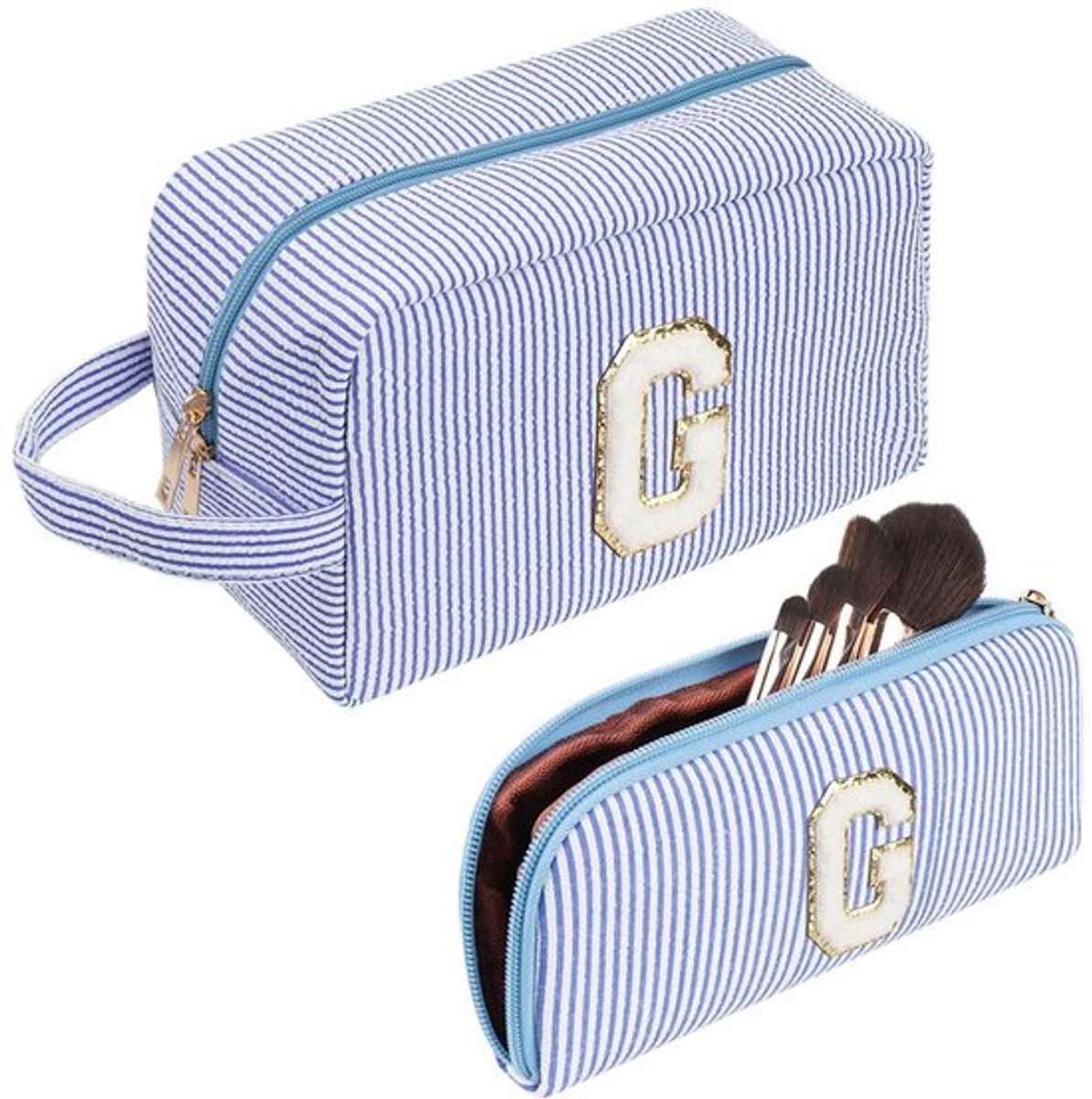 Make-uptas, make-uptas voor dames, blauwe make-uptas van corduroy met initialen, cadeau voor vrouwen, vriendin, beste vrienden, met kleine cosmeticatas, G, Make-uptas