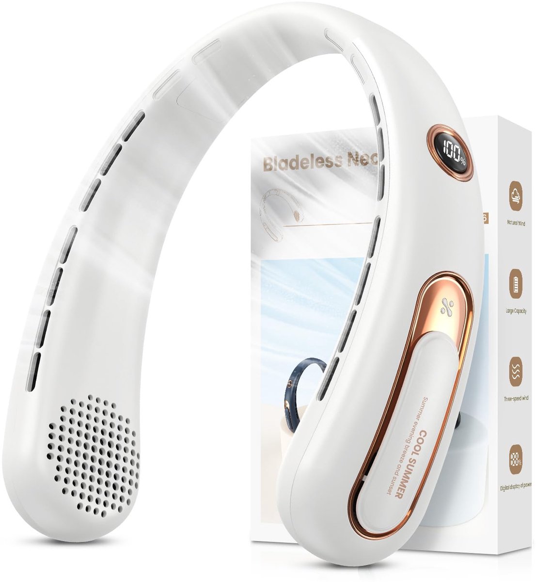 SnelShoppen - Nekventilator Oplaadbaar 4000mAh USB, 3 Snelheden, 360° Luchtstroom, Stil, LED-Display, Perfect voor Kantoor, Reizen, Sport & Buiten (Wi
