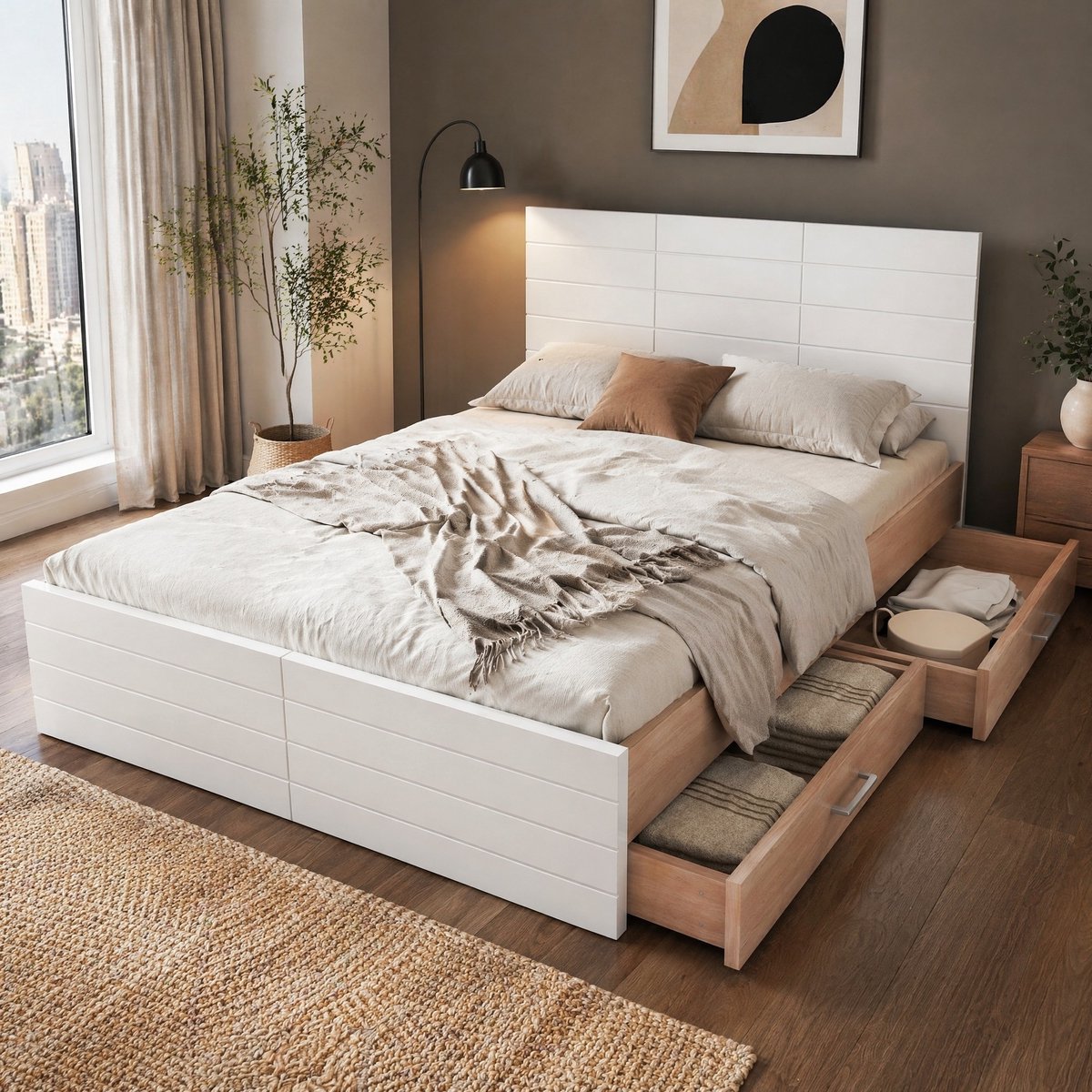 COVREO Bedframe 180x200 cm wit eiken, 2 lades, lattenbodem, zonder matras