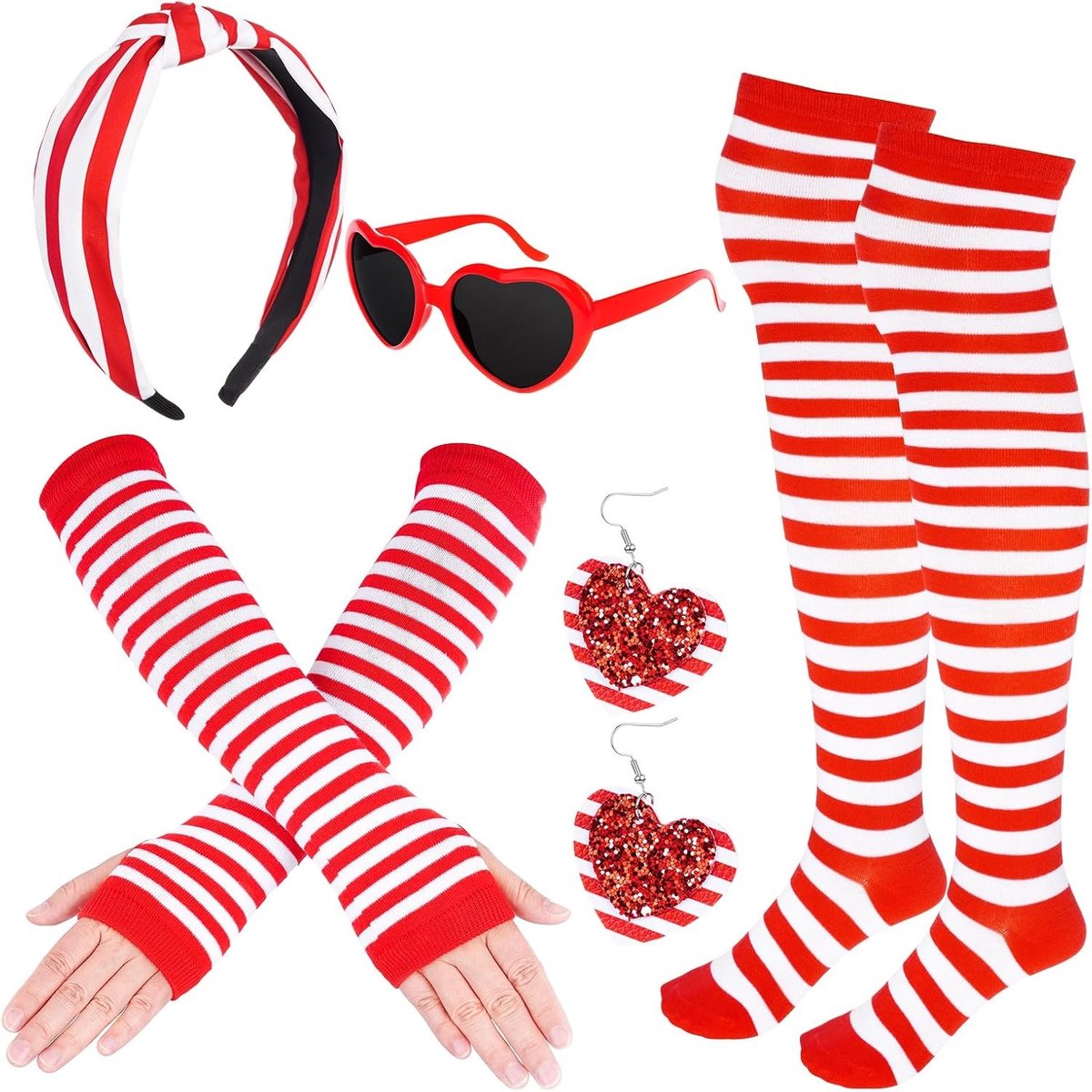 Carnaval Kostuum Rood Witte Accessoires met Kousen, Handschoenen, Bril en Hoofdband voor Dames Themafeest