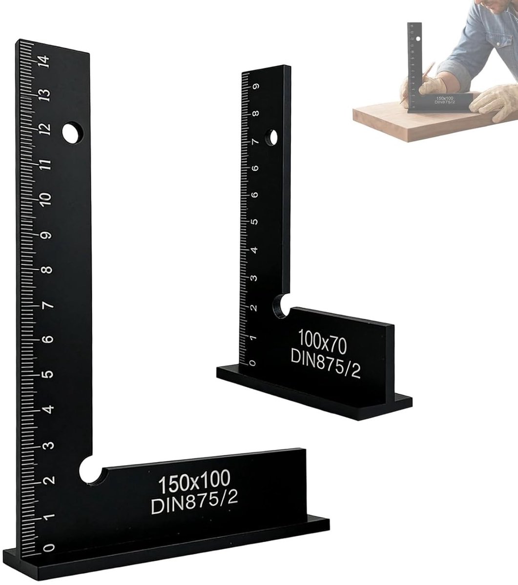 Set van 2 hoekbeugels 90° met meetschaal, perfect voor timmerwerk, metaalbewerking en precisiewerk, afmetingen 100 x 70 mm en 150 x 100 mm