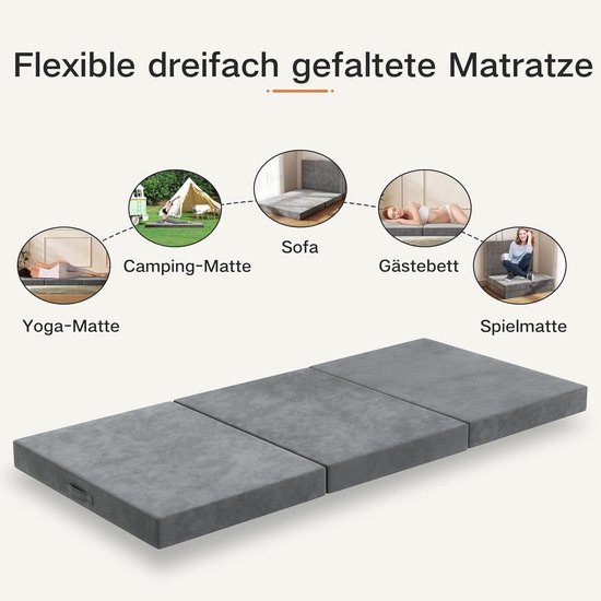 Opklapmatras - Vouwmatras Gastenbed - Logeren en Reizen - Wasbare Hoes - 140x195x10CM - Grijs — afbeelding 3