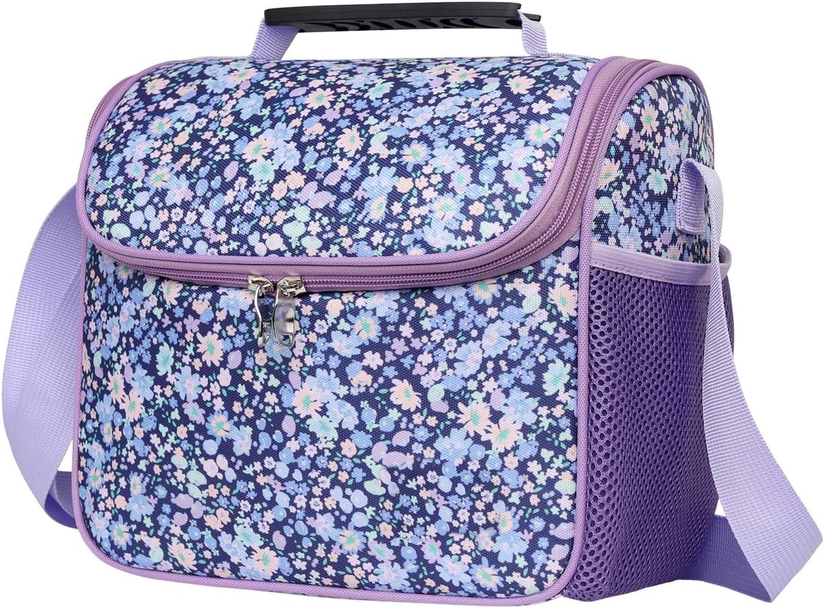 Vouwbare Thermische Koeltas van 8L voor Werk, School, Picknick en Reizen - Compacte Lunchtas in Paars Bloemdesign
