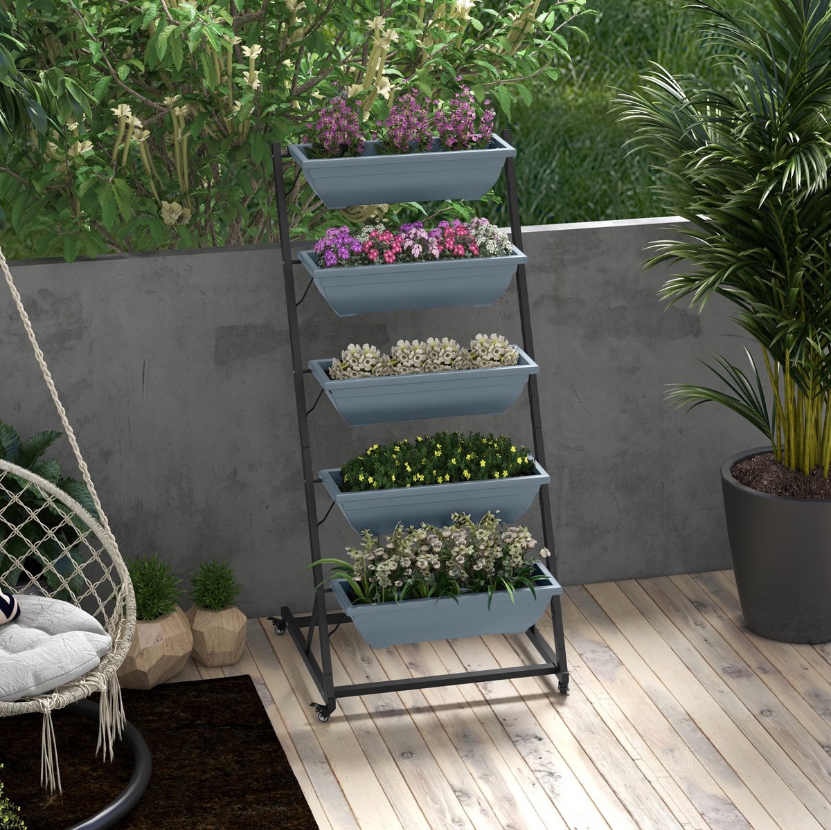 STILVORA Plantenrek – 65 x 67 x 145 cm – Met 5 Etages En Wielen – Staal En Kunststof – Grijs – Voor Binnen En Buiten – Stapelbaar