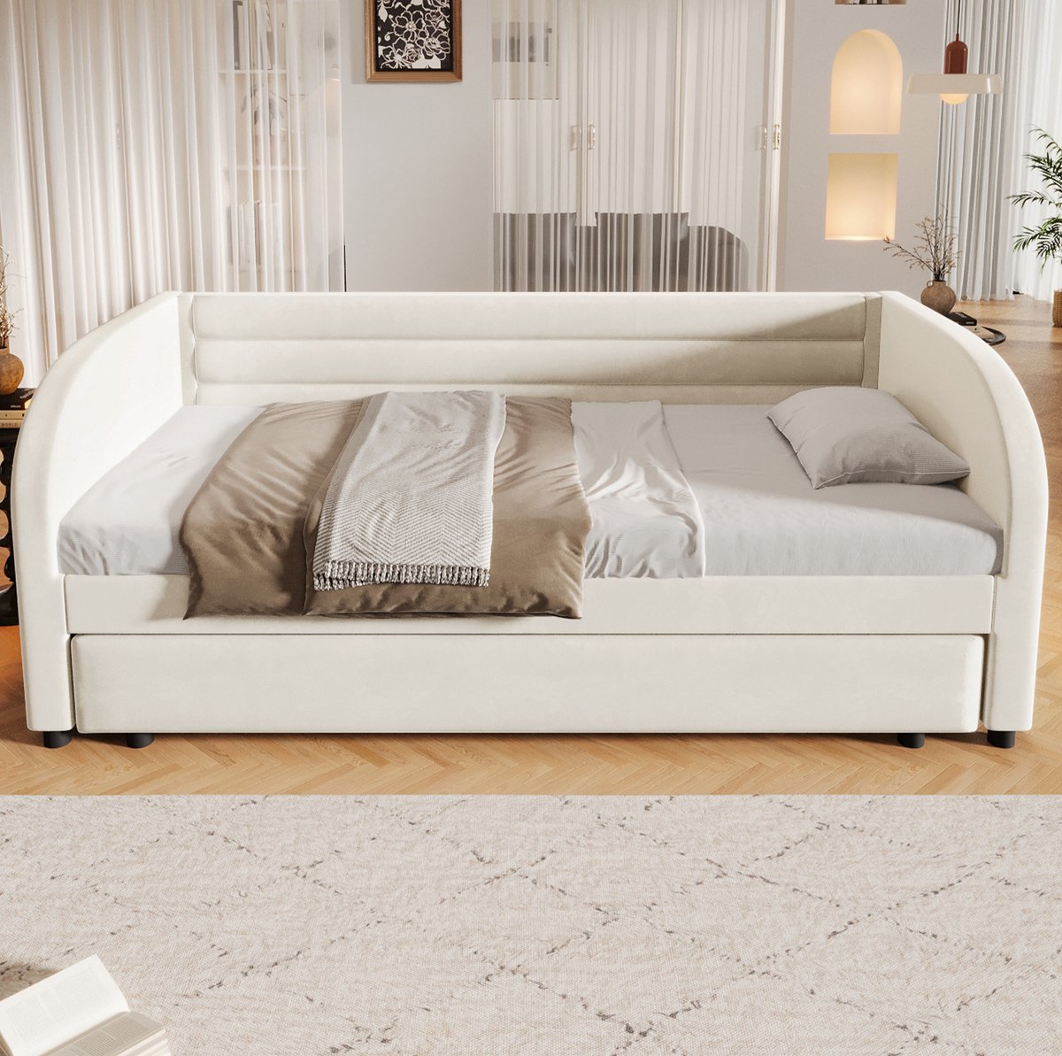 STILVORA Bed 90x200 cm Zonder Matras – Gepolsterd Platformbed Met Ledverlichting – Uittrekbed Voor Extra Slaapplaats – Kinderen En Logeerkamer – Flanel En MDF – Beige