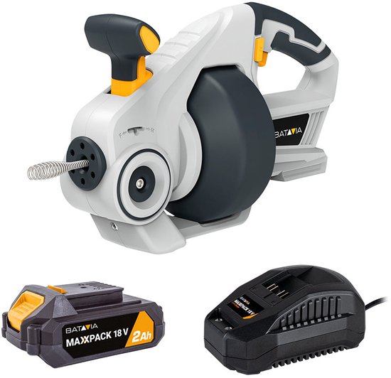 Witte met oranje drain cleaner, met 2Ah batterij en oplader eronder.