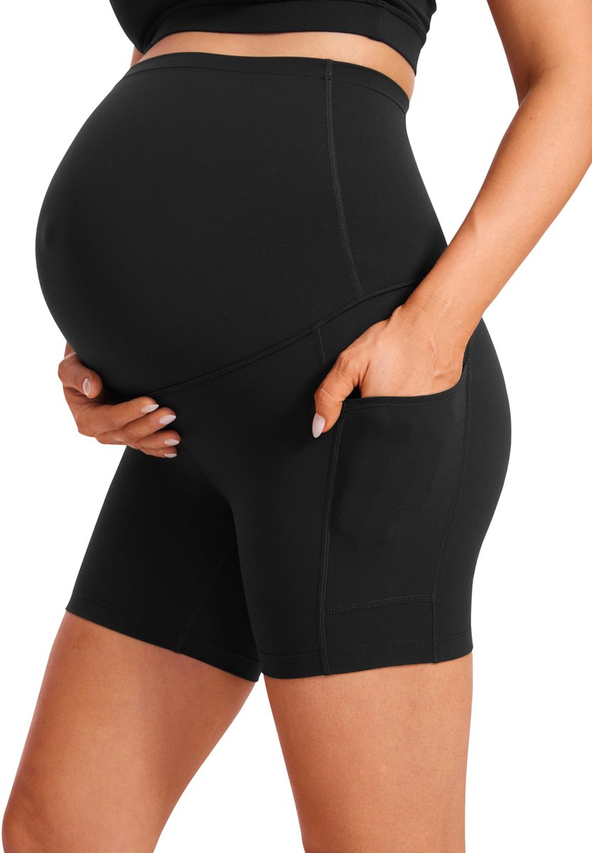 SnelShoppen - Zwarte CRZ YOGAZ Wangerschaps-Bikershorts 5" met Zakken voor Comfortabel Sporten, Yoga, Fitness en Dagelijks Gebruik, Maat S