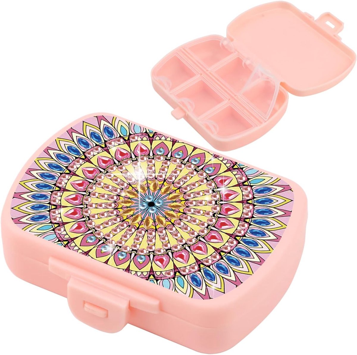 Schilderen op Nummer Pillendoos met 6 Vakken - Draagbare Medicijndoos voor Tas of Portemonnee, Decoratieve Organizer voor Vitaminen en Medicijnen, Uniek Cadeau Idee met Mandala Design