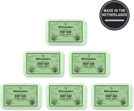Zes groene Störtebekker zeepjes met aloë vera op een zwarte achtergrond. Bovenin een zeepje met "Made in the Netherlands" logo.