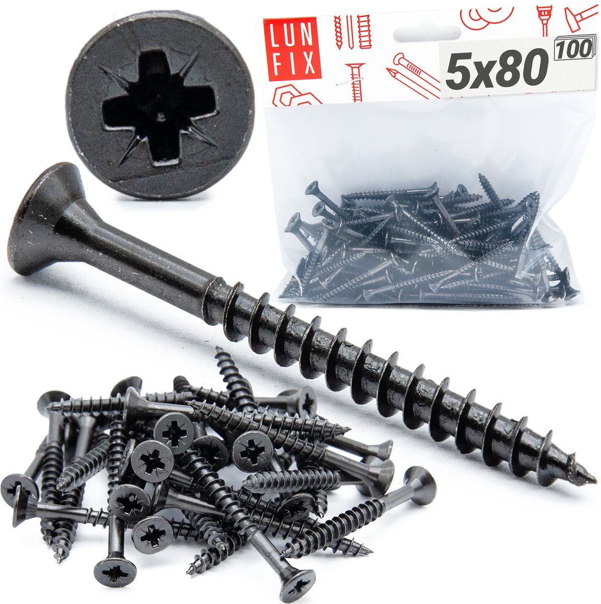 LUN FIX - Houtschroeven - Ø 5x80 mm - 100 Stk. - Verzinkt zwart gehard - Zelfsnijdend