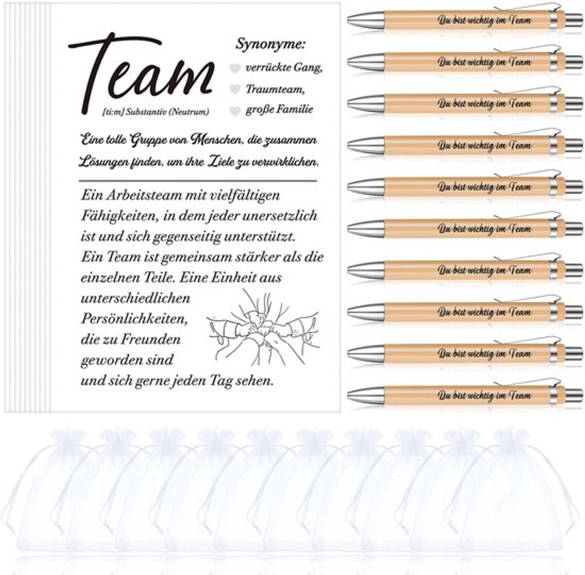 - Collega Cadeauset - Bedankkaartjes en Houten Balpen - Organza zakje - Afscheidsgeschenk - Team en Werk - 10 Stuks