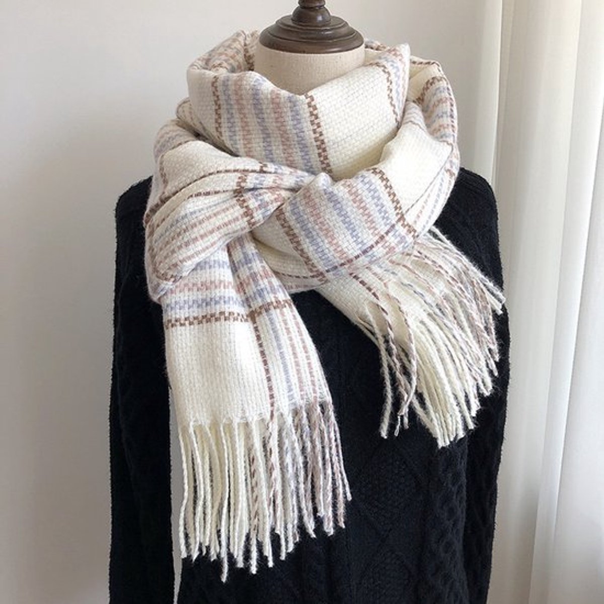 Geruite pluche sjaal voor dames | Verdikt, warm bruin | Handwasbaar, kwastmotief | 200*52cm