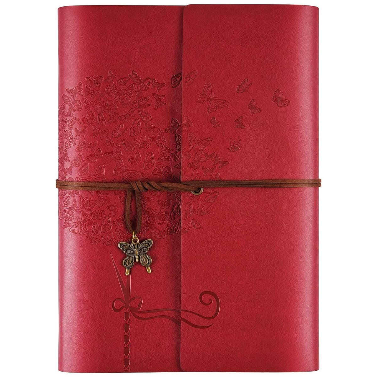 SnelShoppen - Lederen Agenda Dagboek A5, Navulbaar Notitieboek met Gelinieerde Bladen, Persoonlijk Schrijfboek voor Vrouwen, Vlinder Design, Rood, Per