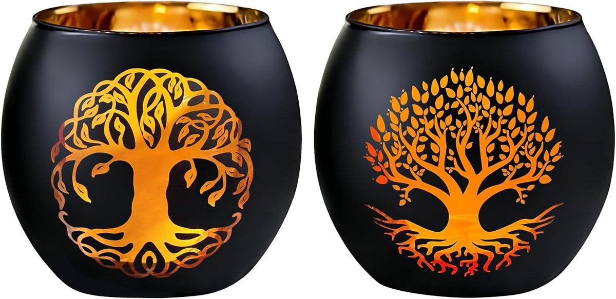 Qaixwuyi Set van 2 theelichthouders van zwart glas met levensboom-design, mat, tafeldecoratie voor Ramadan Eid - ShopVlot