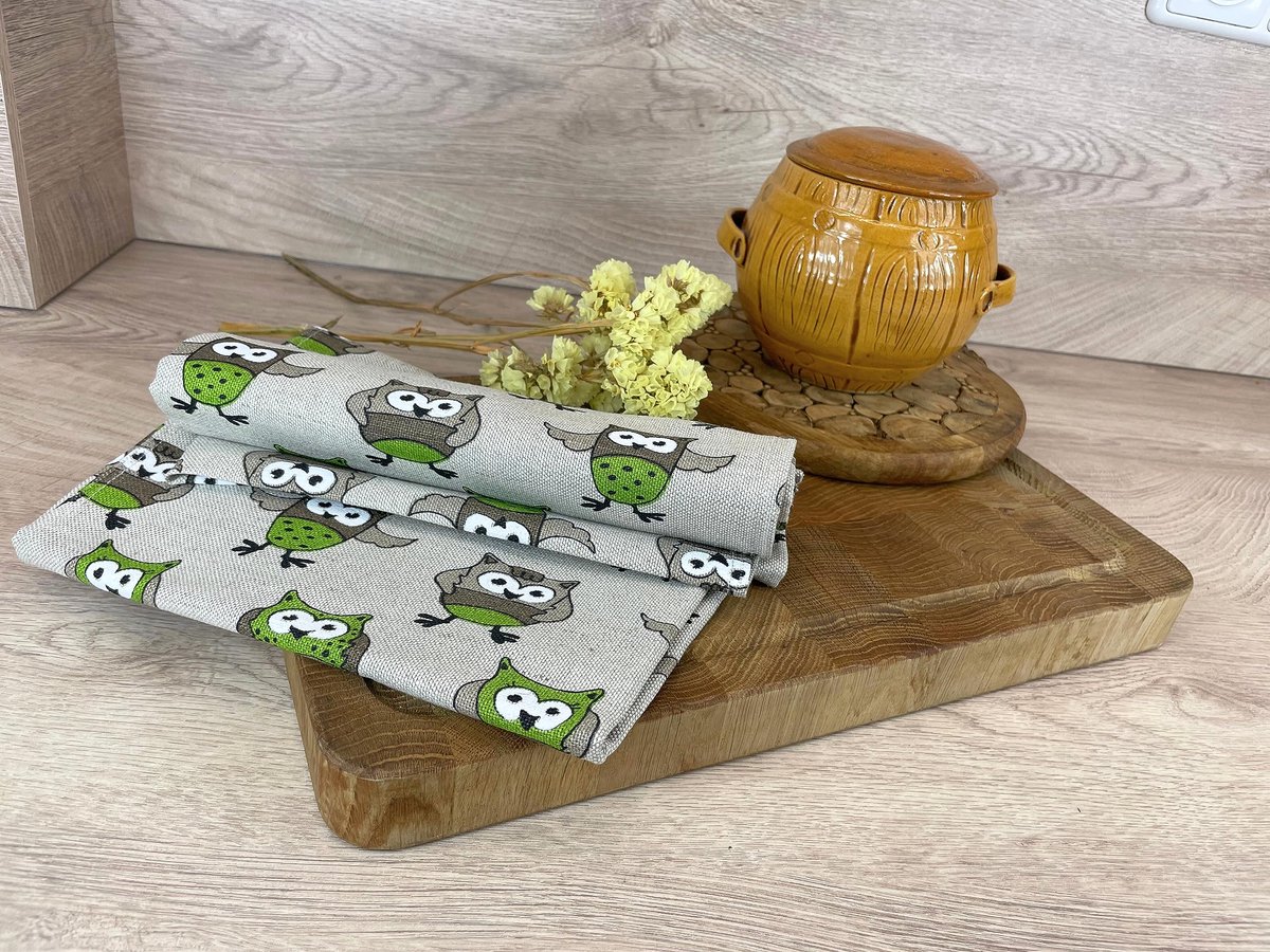 SnelShoppen - Set van 2 Gourmet Theedoeken Keukenhanddoeken Halflinnen Katoen 50 x 70 cm Uil Groen Stonewashed Jacquard Perfect voor Keuken en Feest