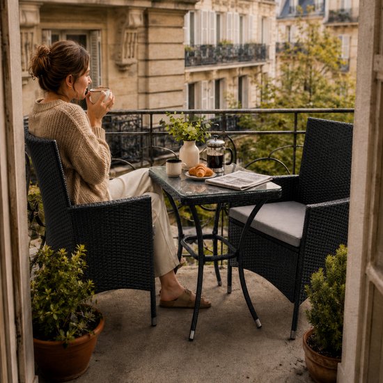 Vrouw op een balkon met uitzicht op Parijs, genietend van koffie aan een rotan bistroset.
