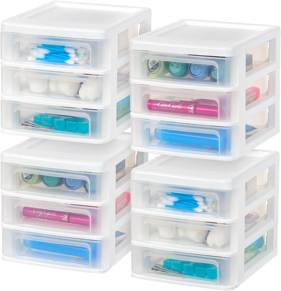 SnelShoppen - Plastic Stapelbureau 3-Lade Opbergorganizer - 4-pack - Compact en Ruimtebesparend voor Nagellak, Badkamer, Kantoor, Keuken en Garage - K