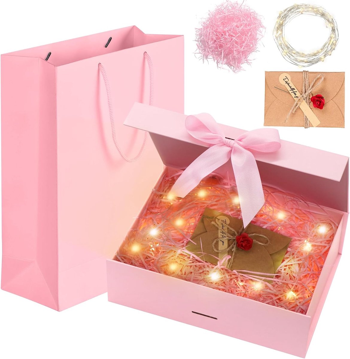SnelShoppen - Idota Roze Geschenkdoos met Deksel en Strik - Luxe Geschenkdozen voor Bruiloft, Verjaardag, Kerst, Jubileum - Inclusief Tas, Lint, Raffi