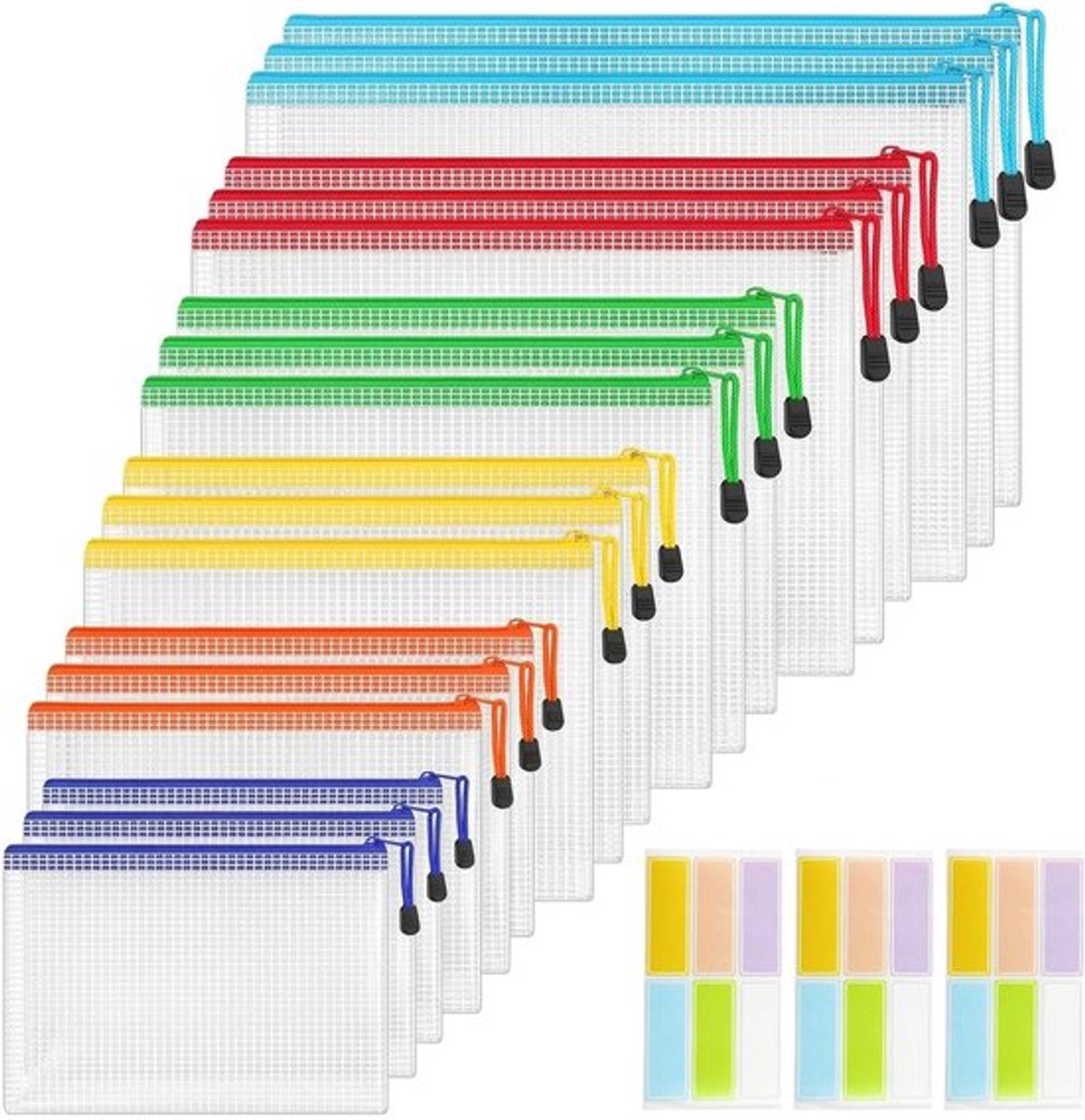 SnelShoppen - 18-delige Zipper Document Bag Set - Waterdichte PVC Mesh Transparante Documentenhoezen in 6 Maten voor School, Kantoor, Paspoort en Cosm