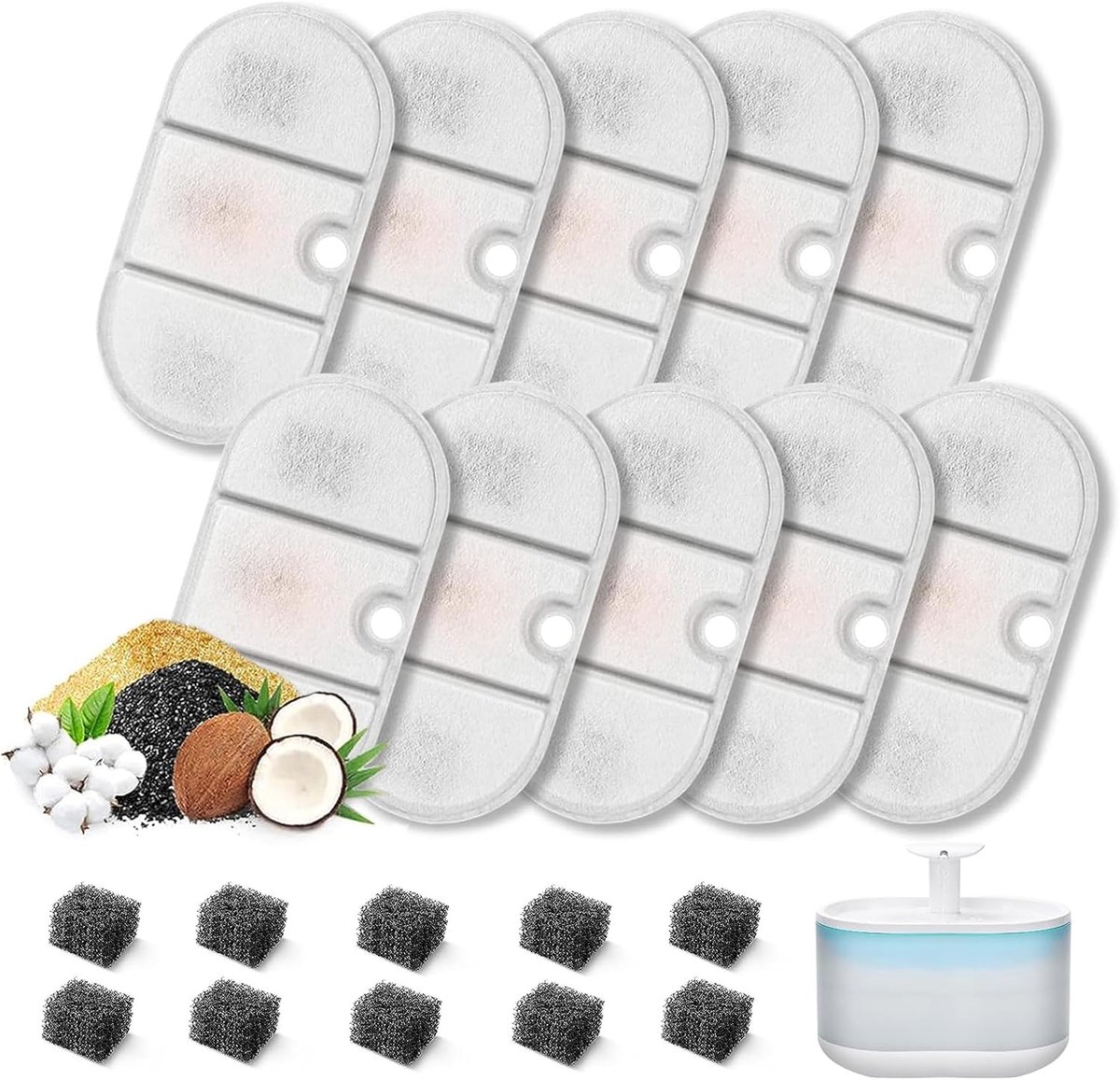 SnelShoppen - Set van 10 Cat Fountain Filters voor 2.1 Liter Drinkfontein, Actieve Koolstof en Schuimfilters voor PLWF002, Vervangfilters voor Kattenf