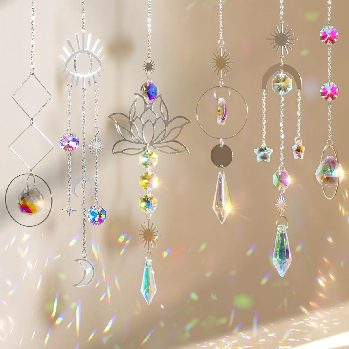 SnelShoppen - Pack van 6 Zonnenvangers Kristallen Windgong Raam Hangers Lotus Maan Ster Regenboog Decoratie voor Thuis Tuin Feest Trouwen