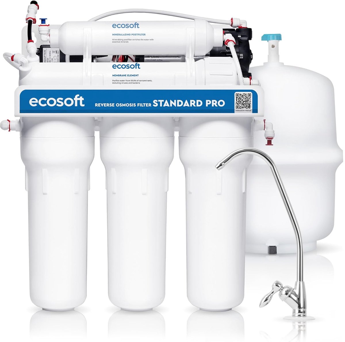 SnelShoppen - Ecosoft Standard PRO Omgekeerde Osmose Waterfilter Systeem met Ingebouwde Pomp, 5-Fase Filtratie, 8 L/h Gezuiverd Drinkwater, Eenvoudige