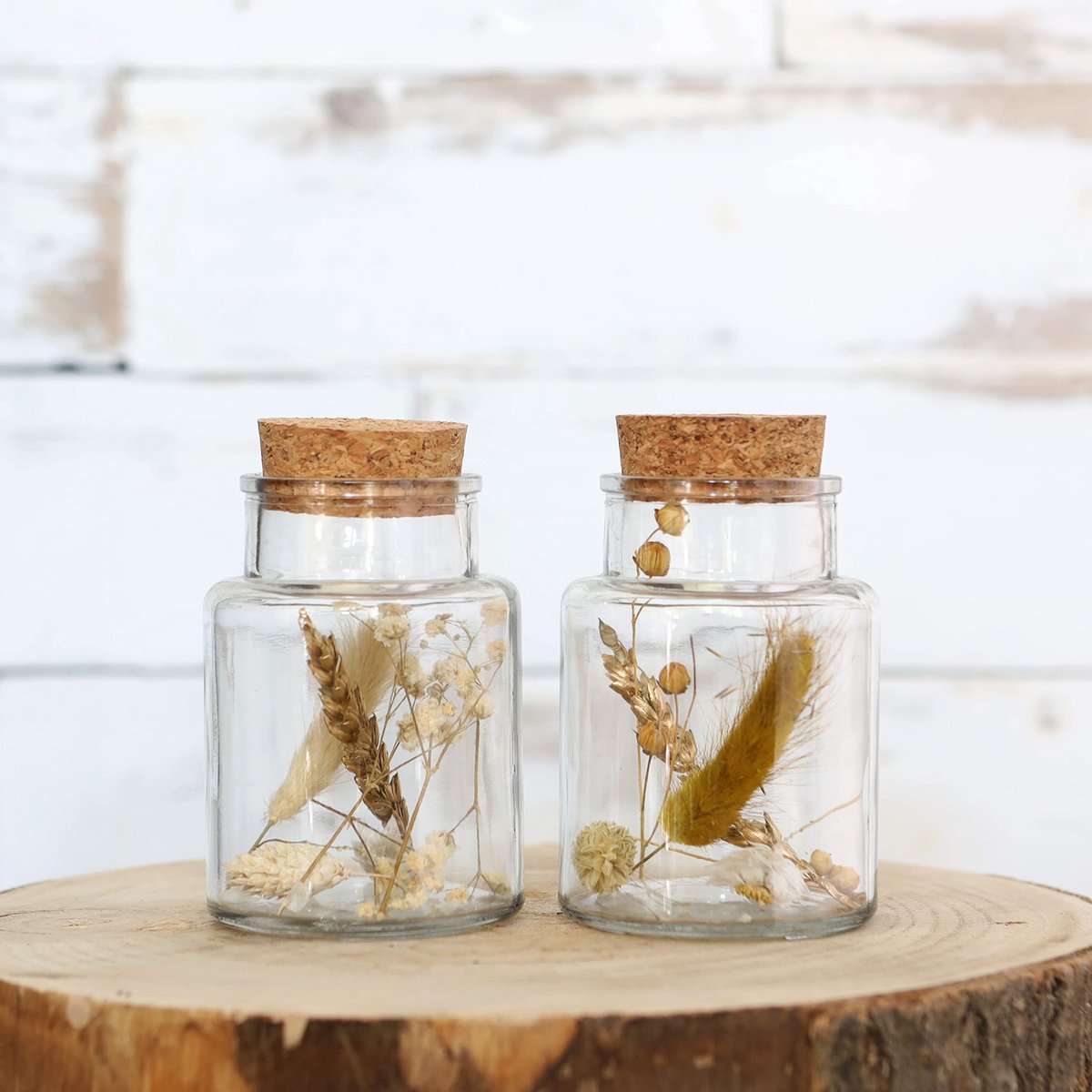 SnelShoppen - Set van 2 Comforder Droogbloemen in Glas met Kurk, Gedroogde Bloemendecoratie voor Thuis, Natuurlijke Interieurdecoratie, Klein Breed Gl