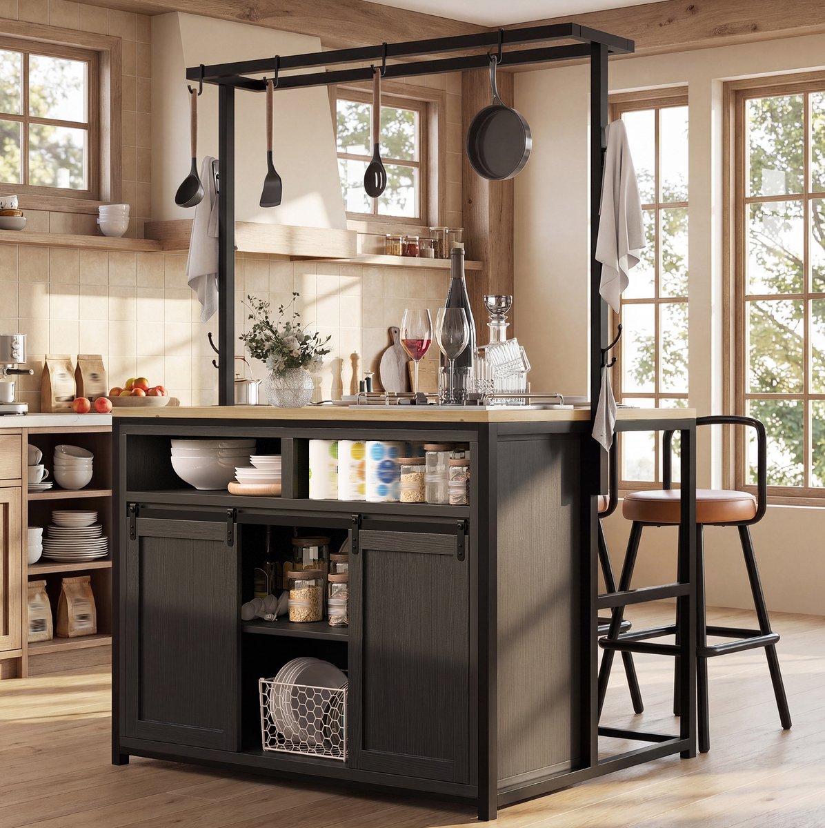 DESMIU Keukenkast - Werkblad Met Stroomaansluiting - Open Vakken, Schuifdeuren En Hangrek Voor Keuken En Eetkamer - Zwart - 107x62x183 Cm