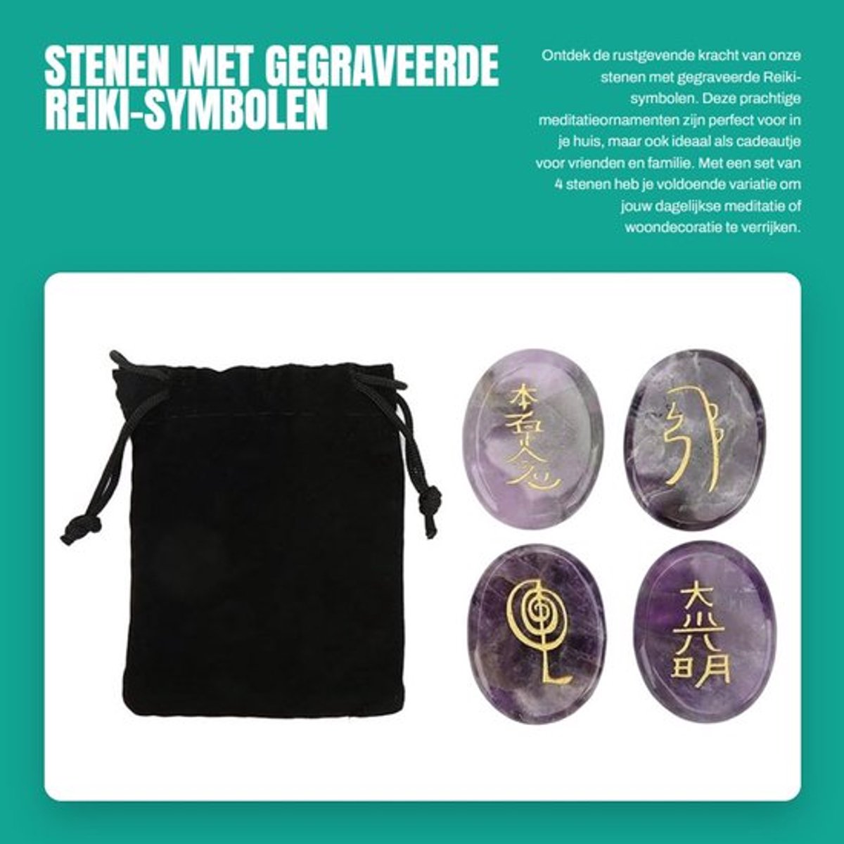 Reiki Stenen 4-pack - Gegraveerde Symbolen - Meditatieornament - Energiegenezend - Gladde Oppervlakken - Spirituele Helende Stenen - Meditatiestenen