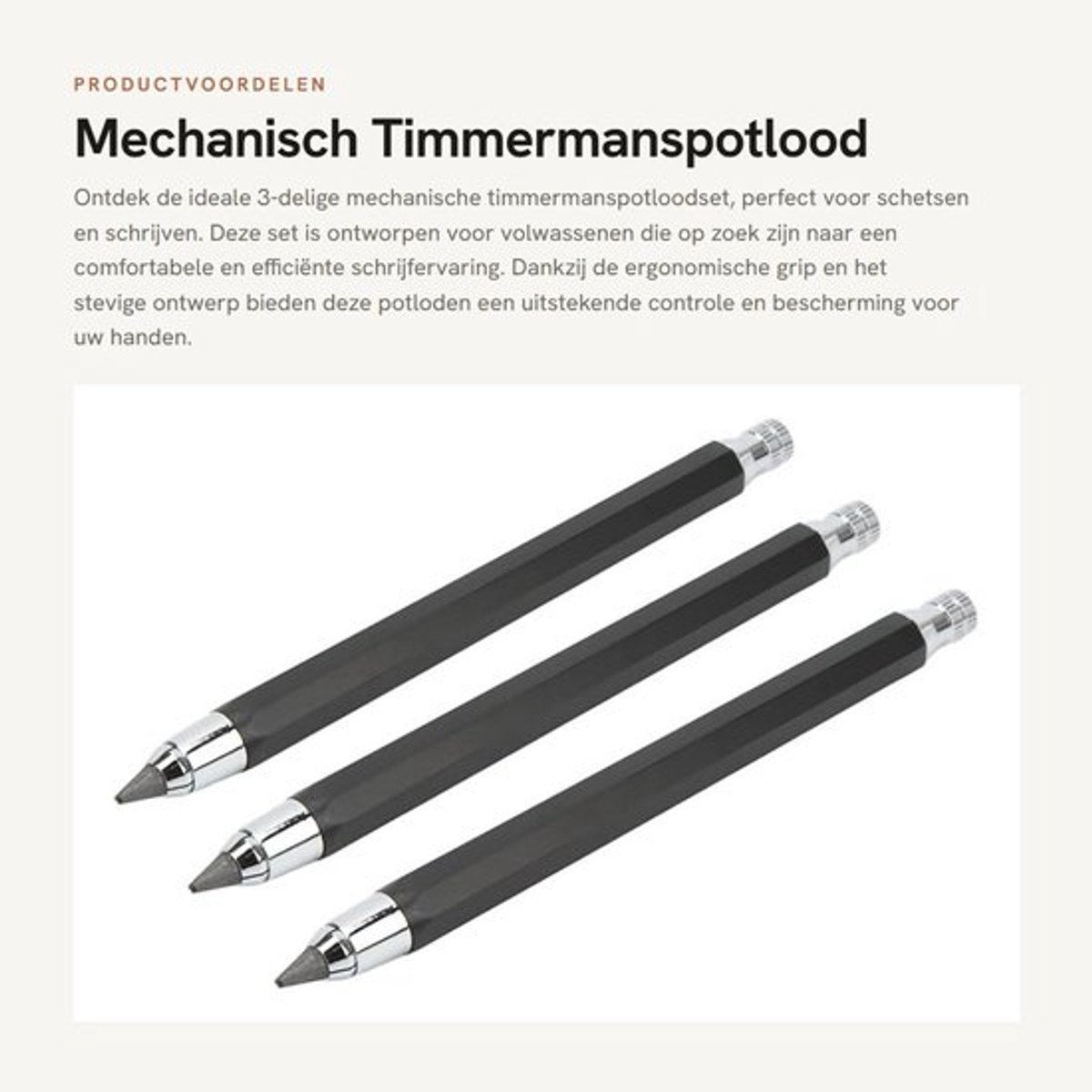 Timmermanspotloodset 3-delig - Mechanisch Potlood - Puntenslijper - Comfortabel Ontwerp - Handig Formaat - 15,2 x 1,2 cm
