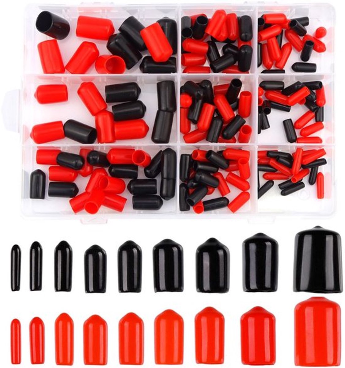 Rubberen eindkappen, assortiment schroefdraadbescherming, 160 stuks, 9 maten, boutafdekking, rubberen kap, rond, voor schroeven, pvc-buizen, elektrische kabels