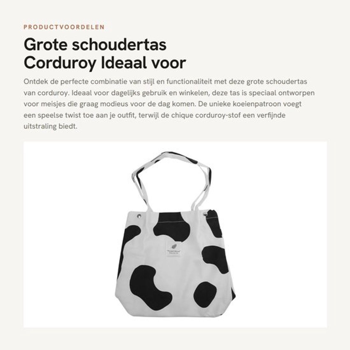 Schoudertas Grote Capaciteit - Corduroy Tas - Koeienpatroon - Stijlvolle Canvas Tas - Ideaal voor Winkelen - Praktische Keuze - Handtas
