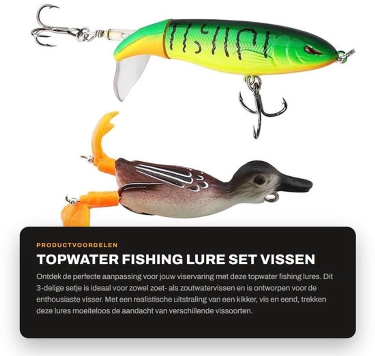 Visspelden Set van 3 - Topwater Kunstaas - 3D Eend/Topwater Kikker - Kunststof/Metaal - Realistische Beweging - Voor Zoet/Zoutwater - Visspullen