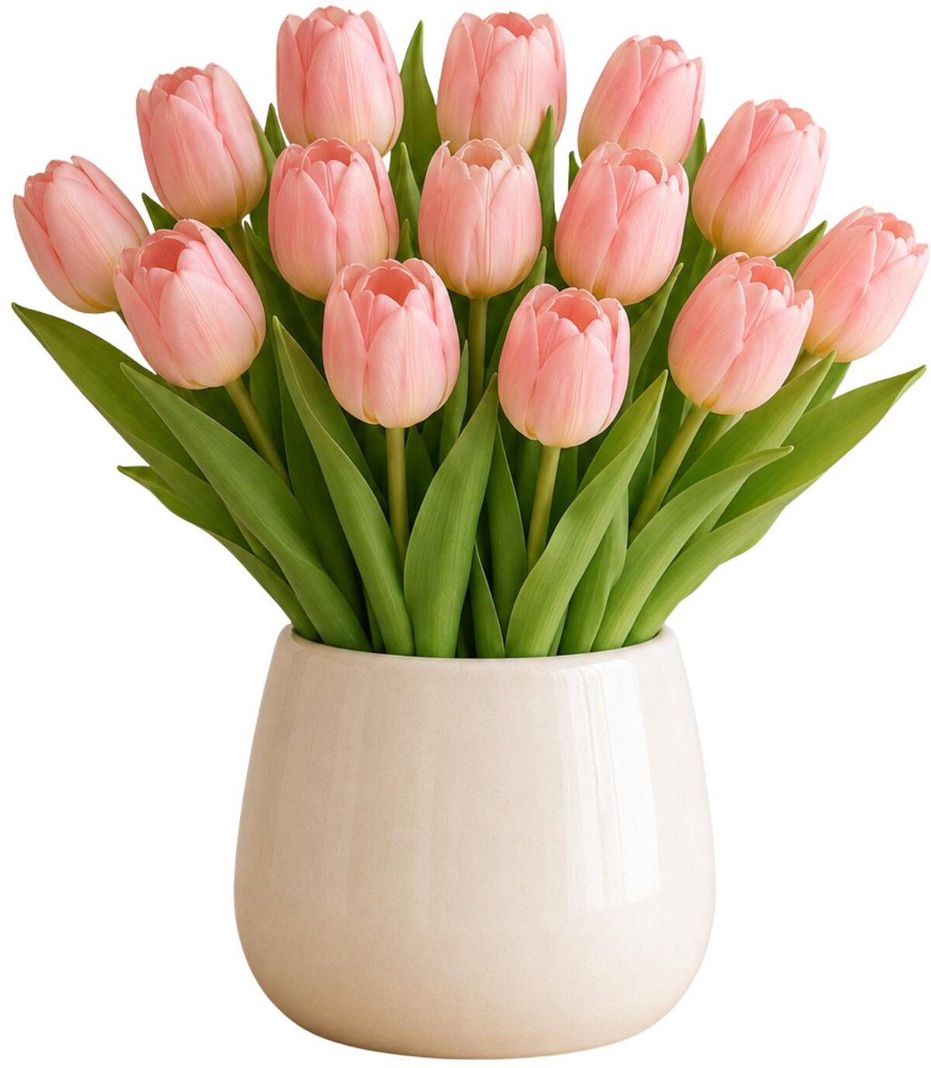 Bellatio Design Kunst tulpen boeket Vermeer - 14x stuks - lichtroze - real touch - 31 cm
