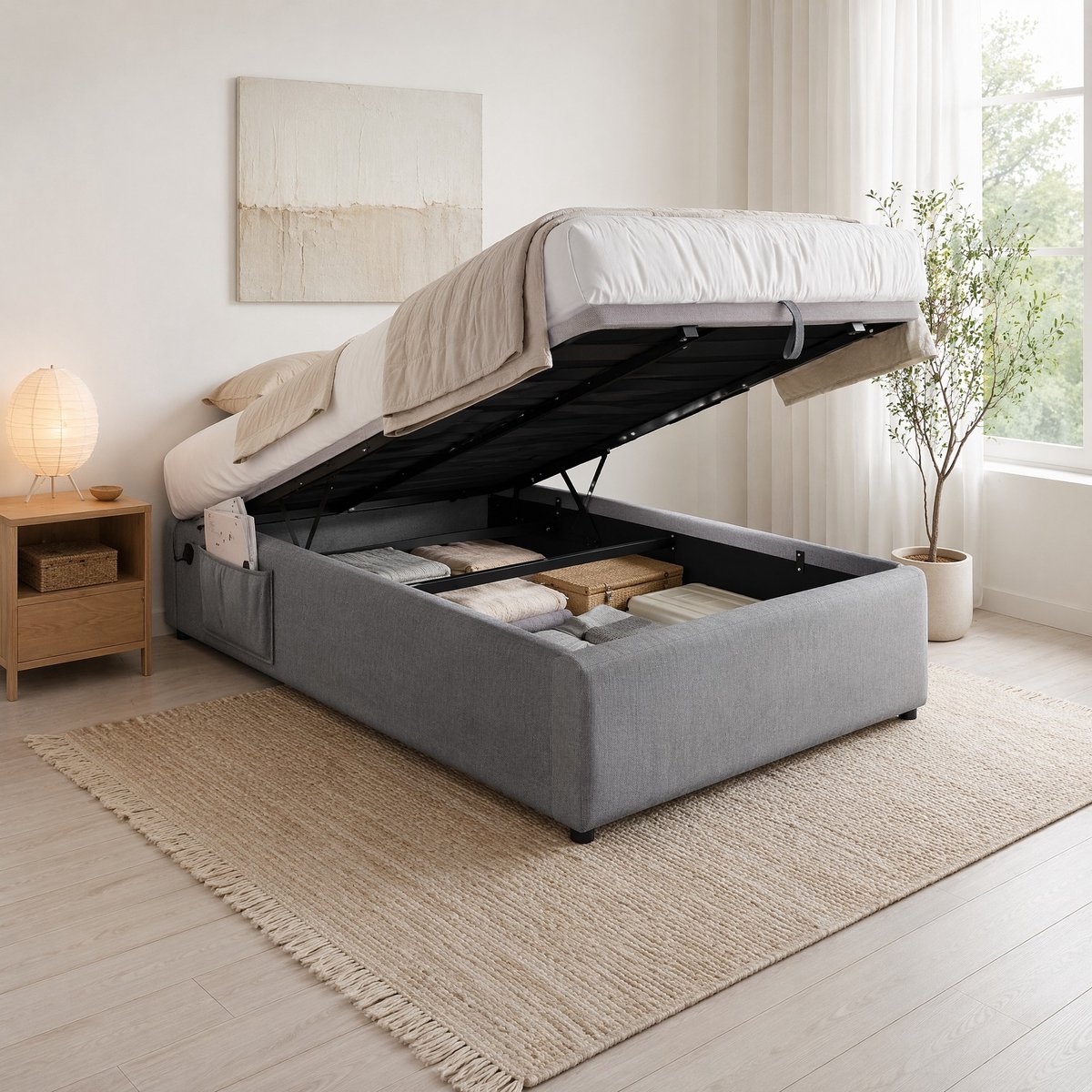 COVREO Bedframe 90x200 cm grijs, opbergruimte, USB-C, zonder matras