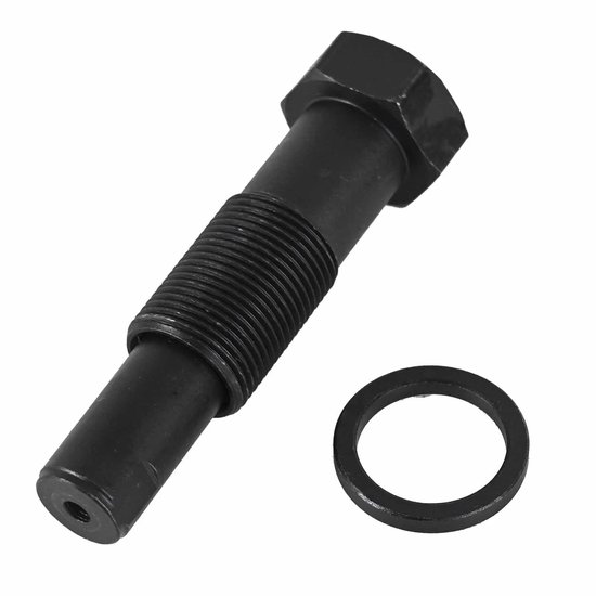Zwarte kettingspanner met zeskantkop, schroefdraad en losse ring.