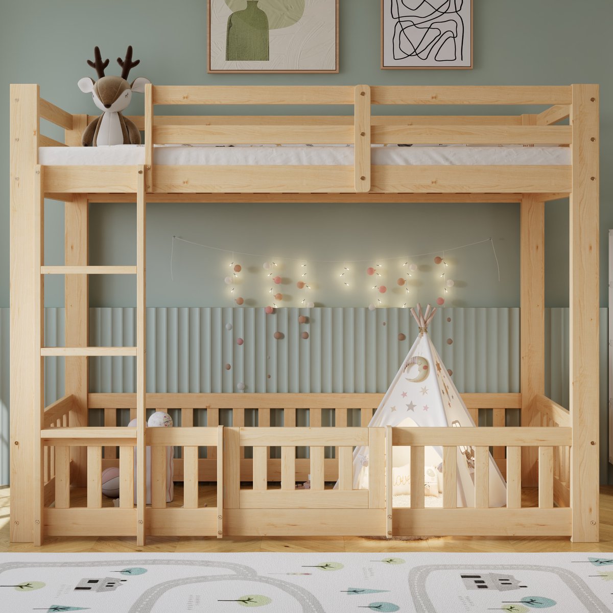 COVREO Bed 90x200 cm naturel hout met trap en deur zonder matras