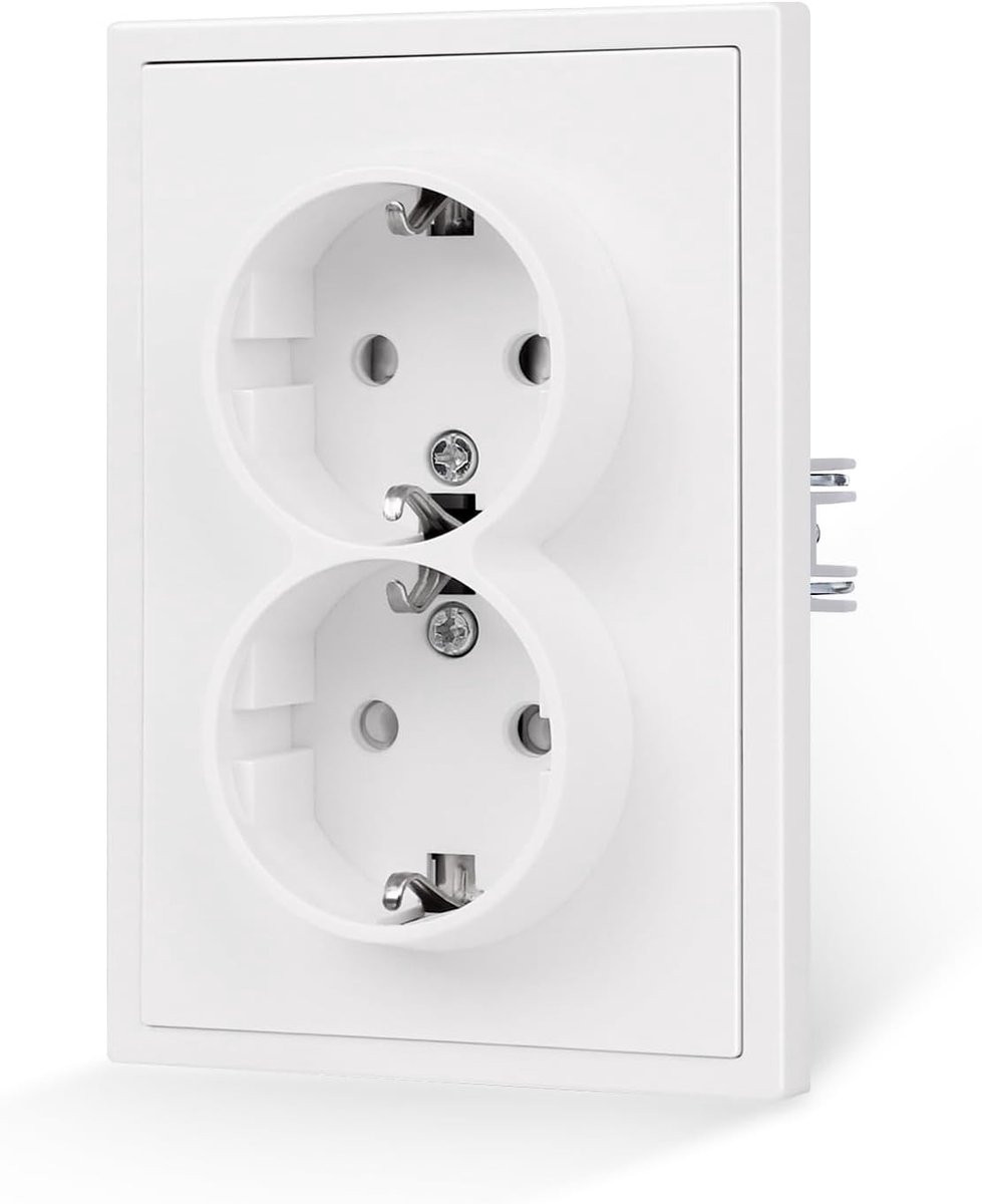 Dubbele Schuko Stopcontacten met Plug-in Klem voor Muurbevestiging, Wit, 16 Ampère
