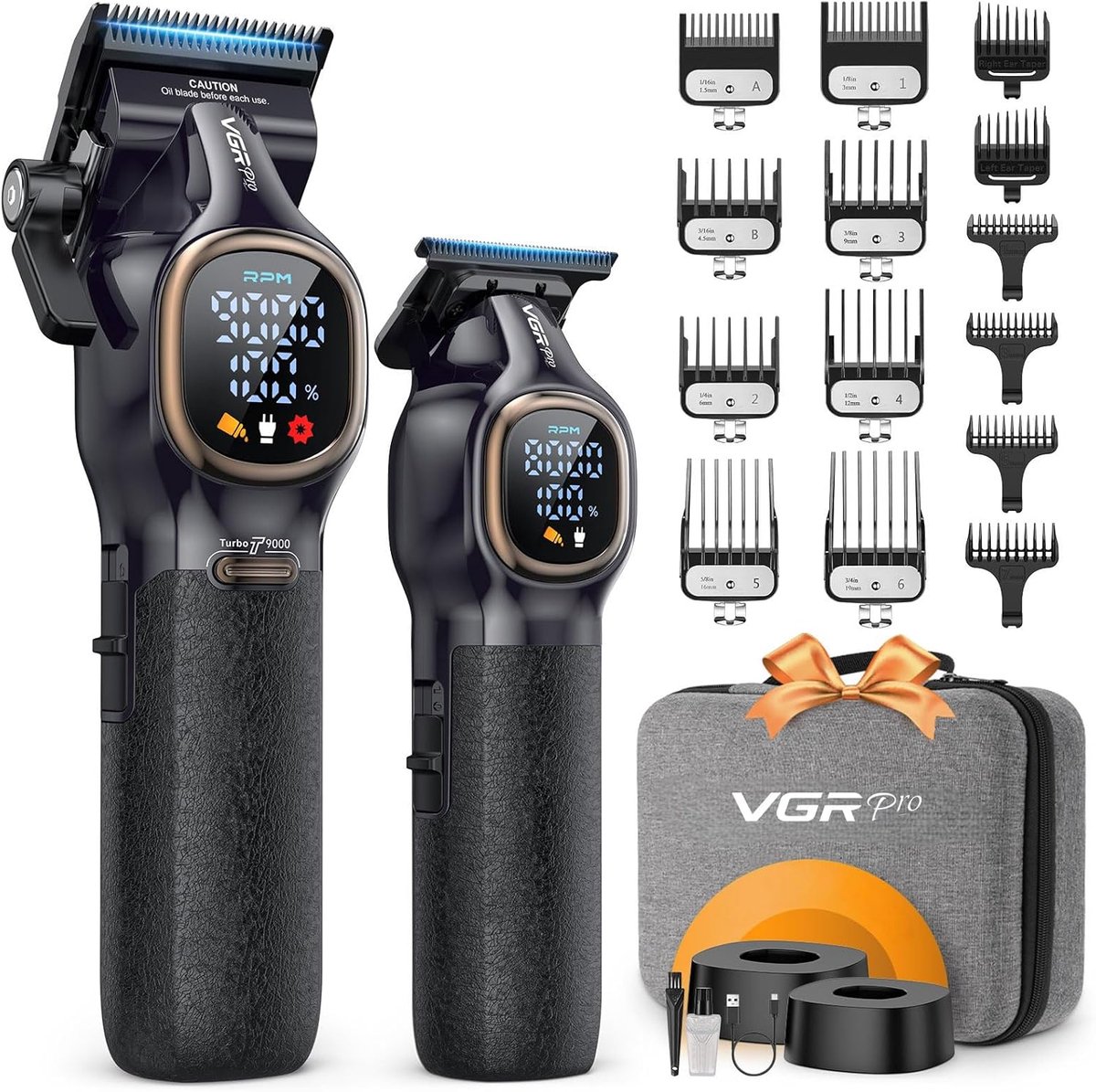 SnelShoppen - VGRPRO Haarschneidemaschine Profi, 9000RPM Professionele Haartrimmer Set met Etui, Kabelloze Haarschneider voor Mannen, 14 Opzetstukken,