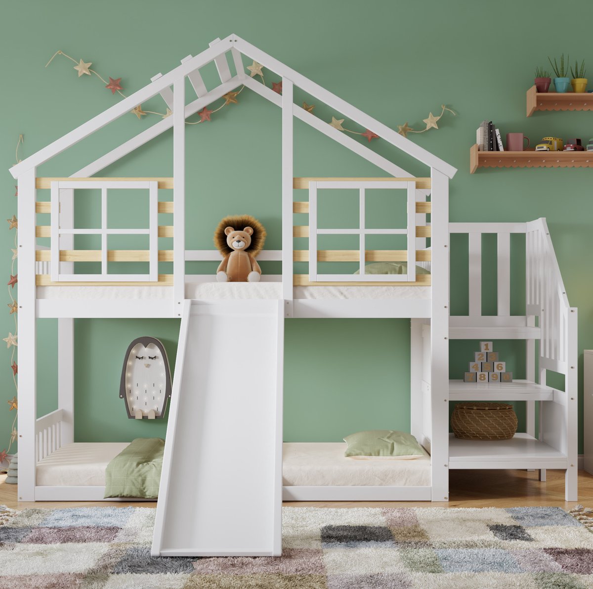 COVREO Etagenbed met trap en glijbaan – Stapelbed met raam en veiligheidshek – Huisbed voor kinderkamer – 254x222x222 cm – Wit/Naturel - zonder matras
