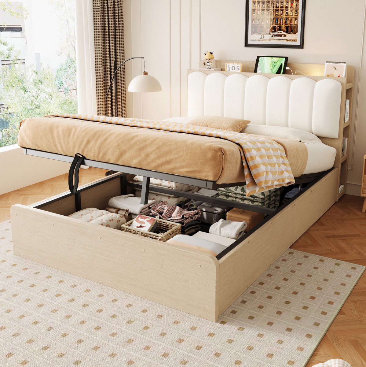 Wishdor Bed met opbergruimte - Hydraulisch bedframe - Gepolsterd hoofdbord - Houtkleur - USB-aansluiting - 140 x 200 cm